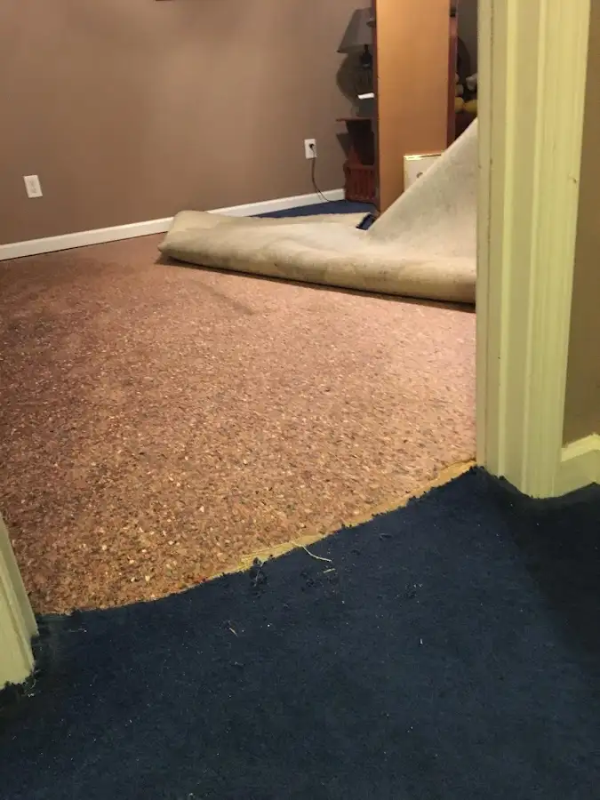 Carpet pad removal revealing water damage during Drying & Dehumidification in Guadalupe